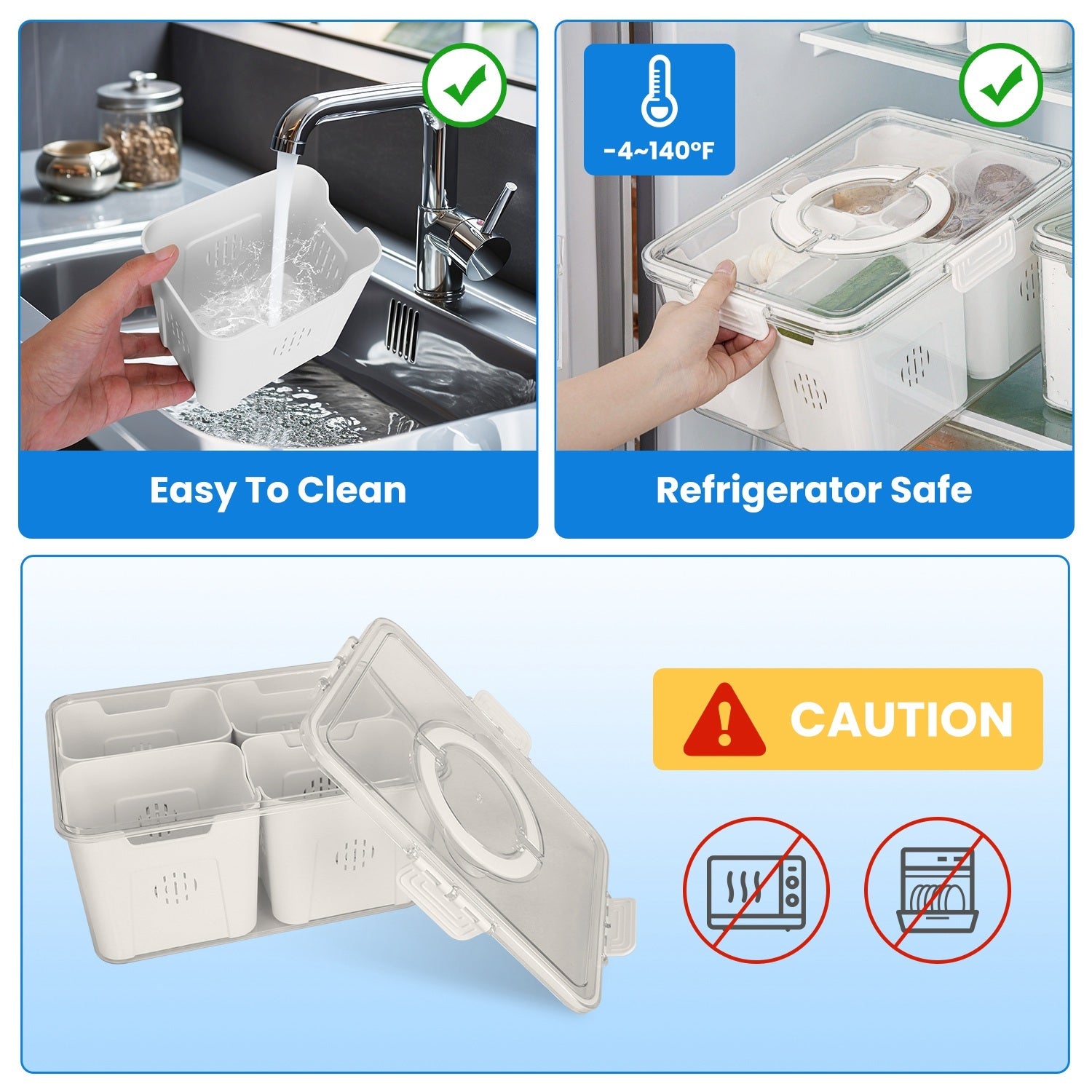 2Pack Airtight Fruit Storage Containers 4 Compartment Food Storage Containers Fruit Vegetable Organizers With 8 Removable Colanders For Fridge Picnic